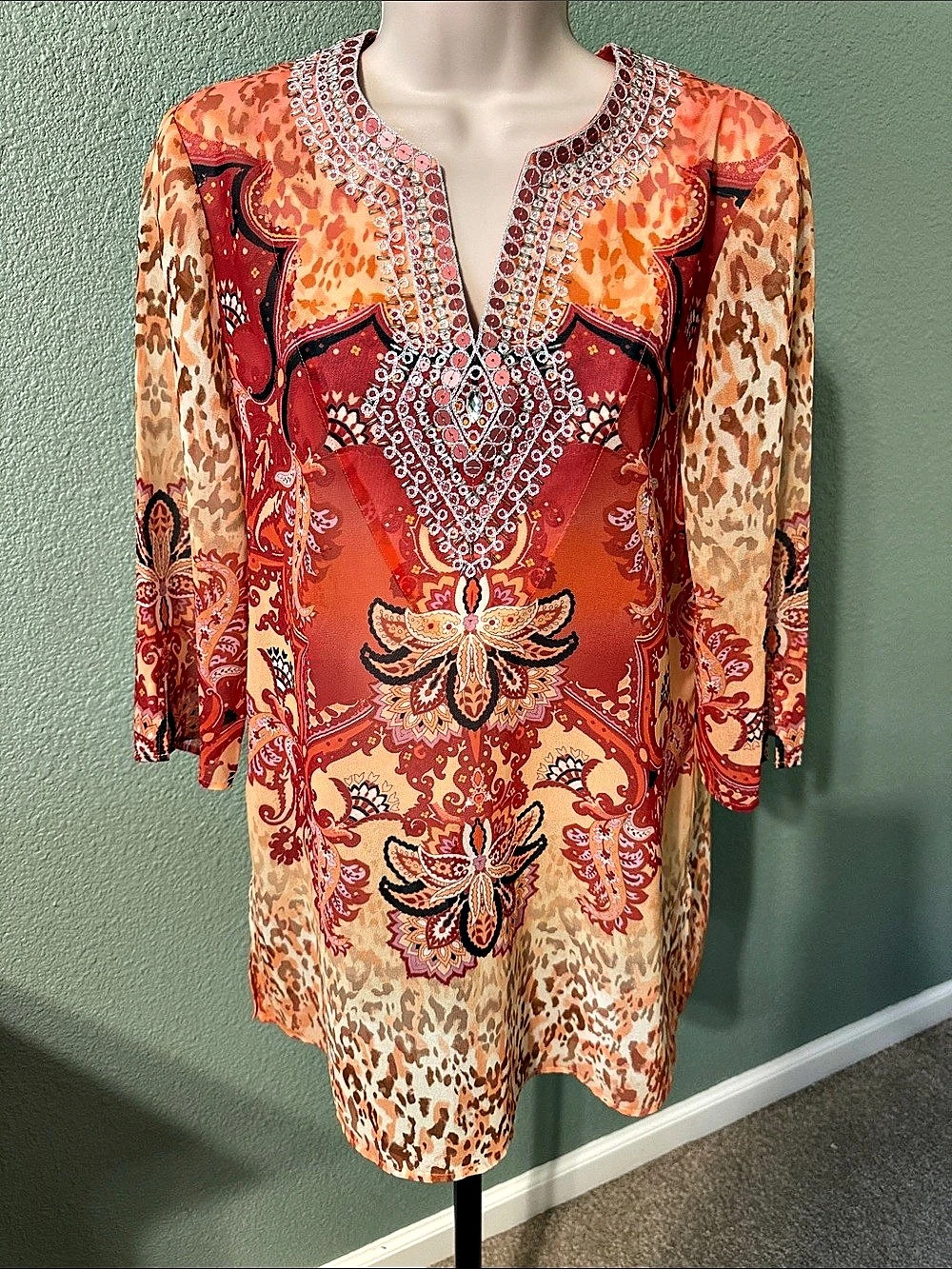 Paisley Tunic in Orange & Red Like New